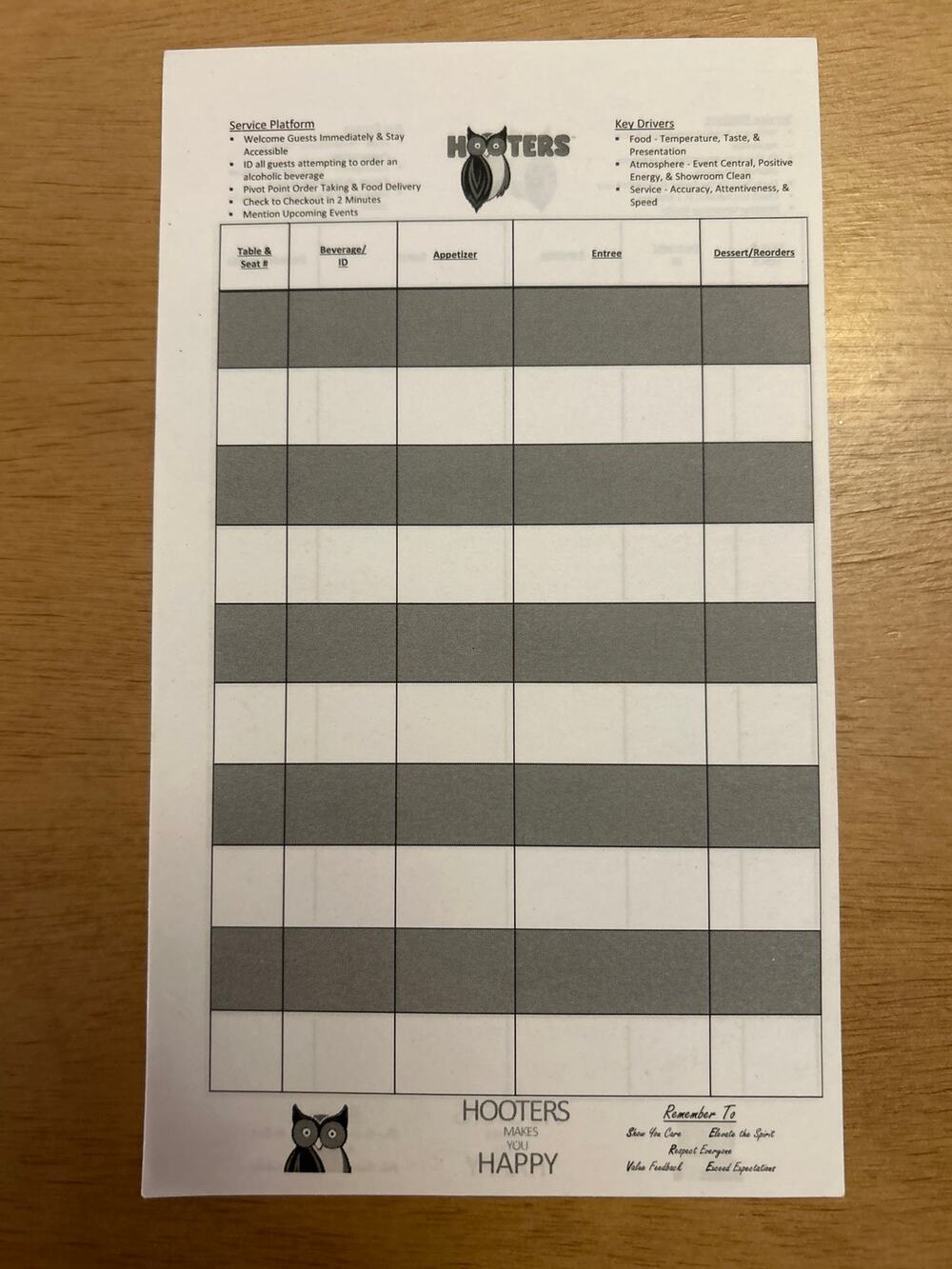 Hooters girl server book of order slips 2 sided 7 1/4” x 4 1/4”